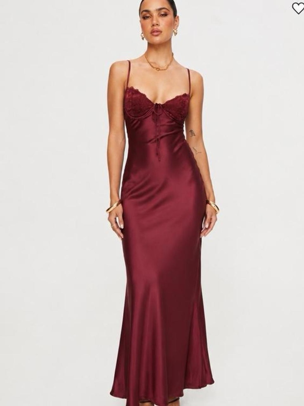 Princess Polly Satin Burgundy Lace-Trim Maxi Slip Dress
